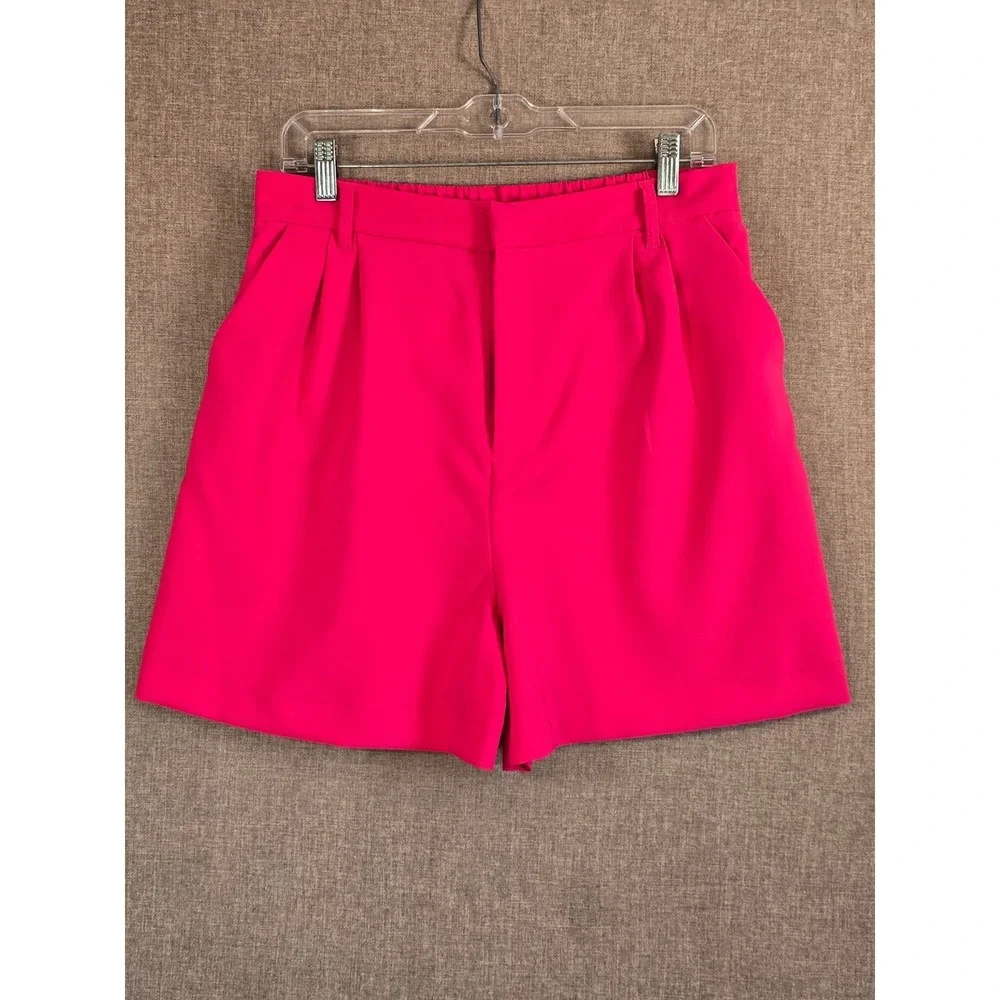 Love Tree Hot Pink Pleated High Waist Shorts Womens Large 6892PH Elastic Back